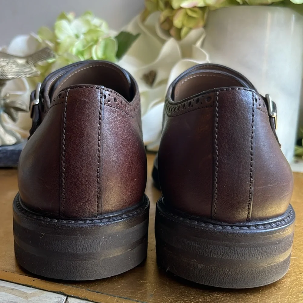 Brunello Cucinelli Brogue Wingtip Double Monk Strap Loafers in Brown Leather
